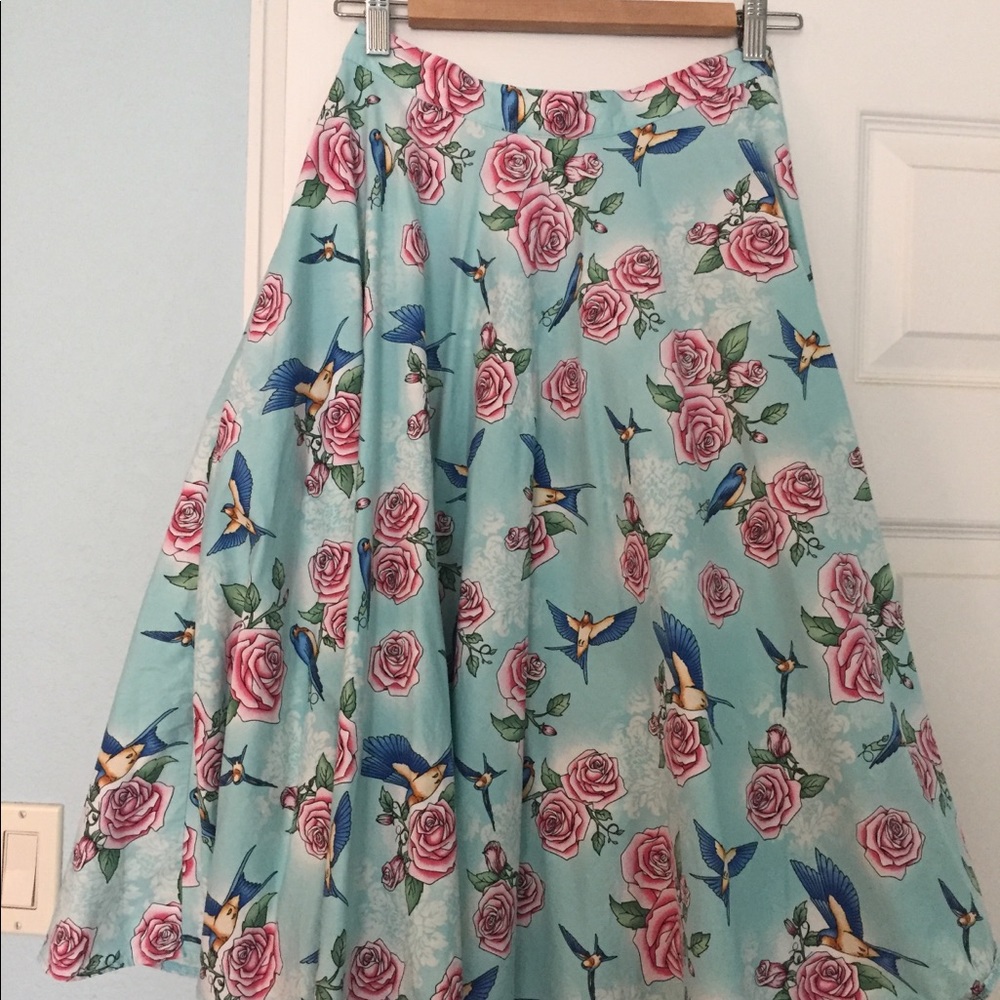 Blue bird and rose print unlined circle skirt.